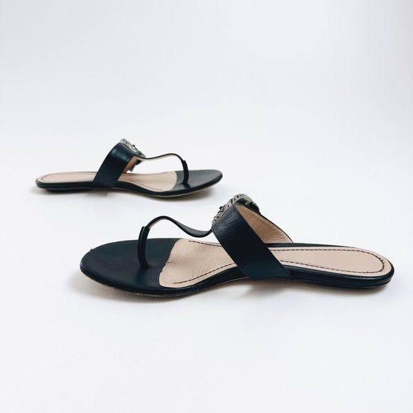 GUCCI Dionysus Black Sandal 38.5 US 8.5 Flat Flip Flop Leather T-Strap Flat GG - Picture 9 of 11